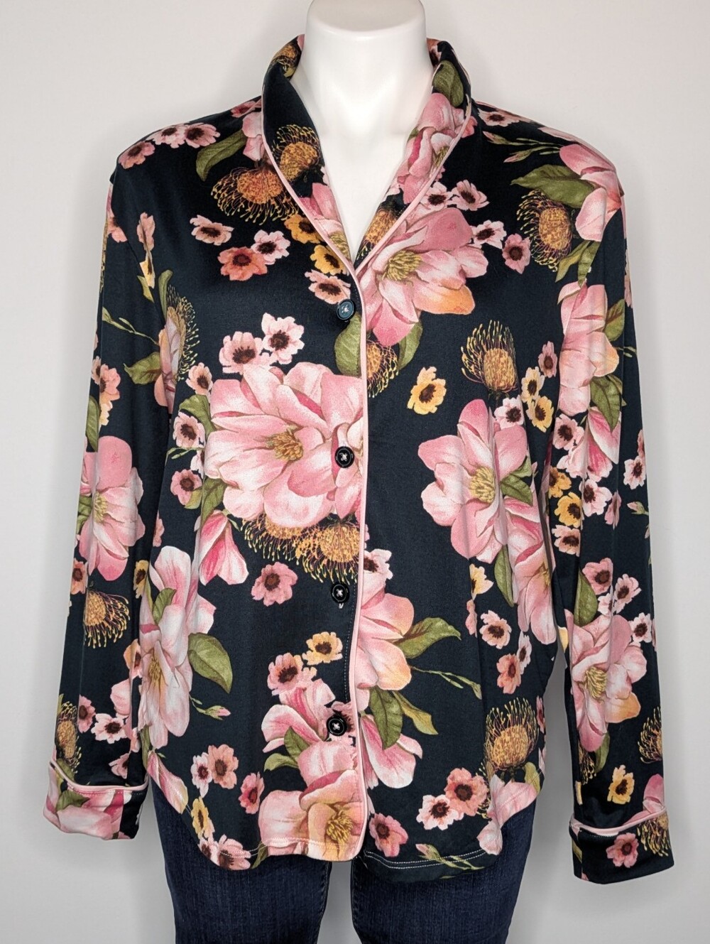 Room Service Black Pink Floral Long Sleeve Button Up Pajama Top M